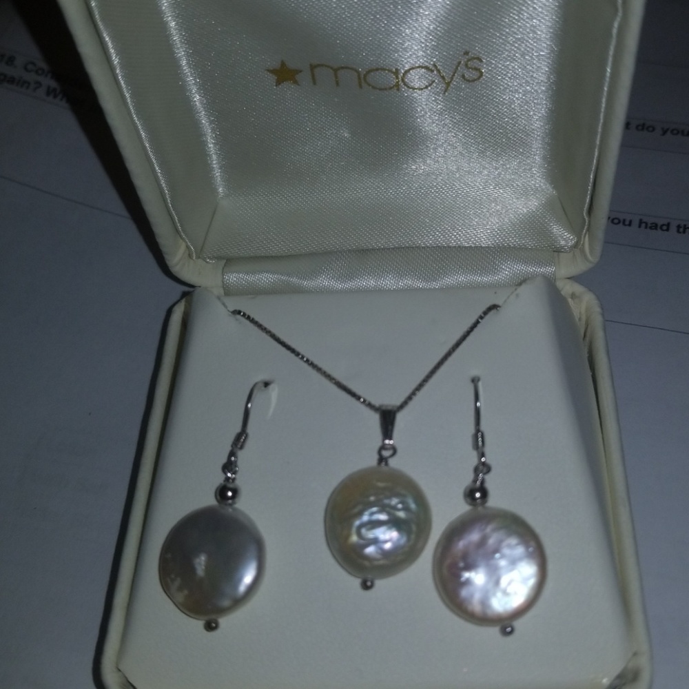 .925 Sterling Cultured Pearl Earring & Necklace Set NEW